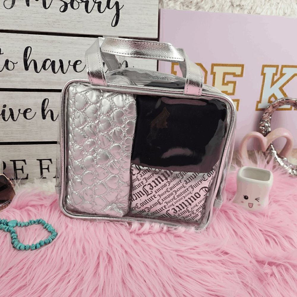 NWT {Juicy Couture} 4 Pieces Set Cosmetics Bags Black Silver NWT